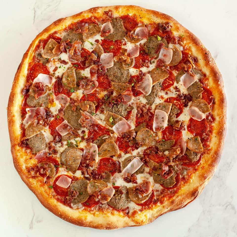 Order Meat Lovers Pizza - Medium 14'' (Serves 2-3) food online from Greco's New York Pizza store, Tarzana on bringmethat.com