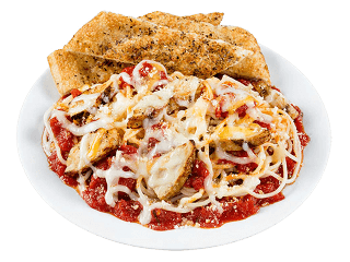 Order Baked Chicken Parmesan on a Bed of Pasta - Pasta food online from Sarpino's Pizzeria  store, Northbrook on bringmethat.com