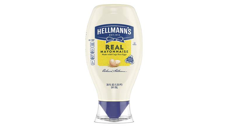 Order Hellmann'S Real Mayonnaise For A Rich Creamy Condiment Real Mayo Squeeze Bottle Gluten Free, Made With 100% Cage-Free Eggs food online from Route 7 Food Mart store, Norwalk on bringmethat.com