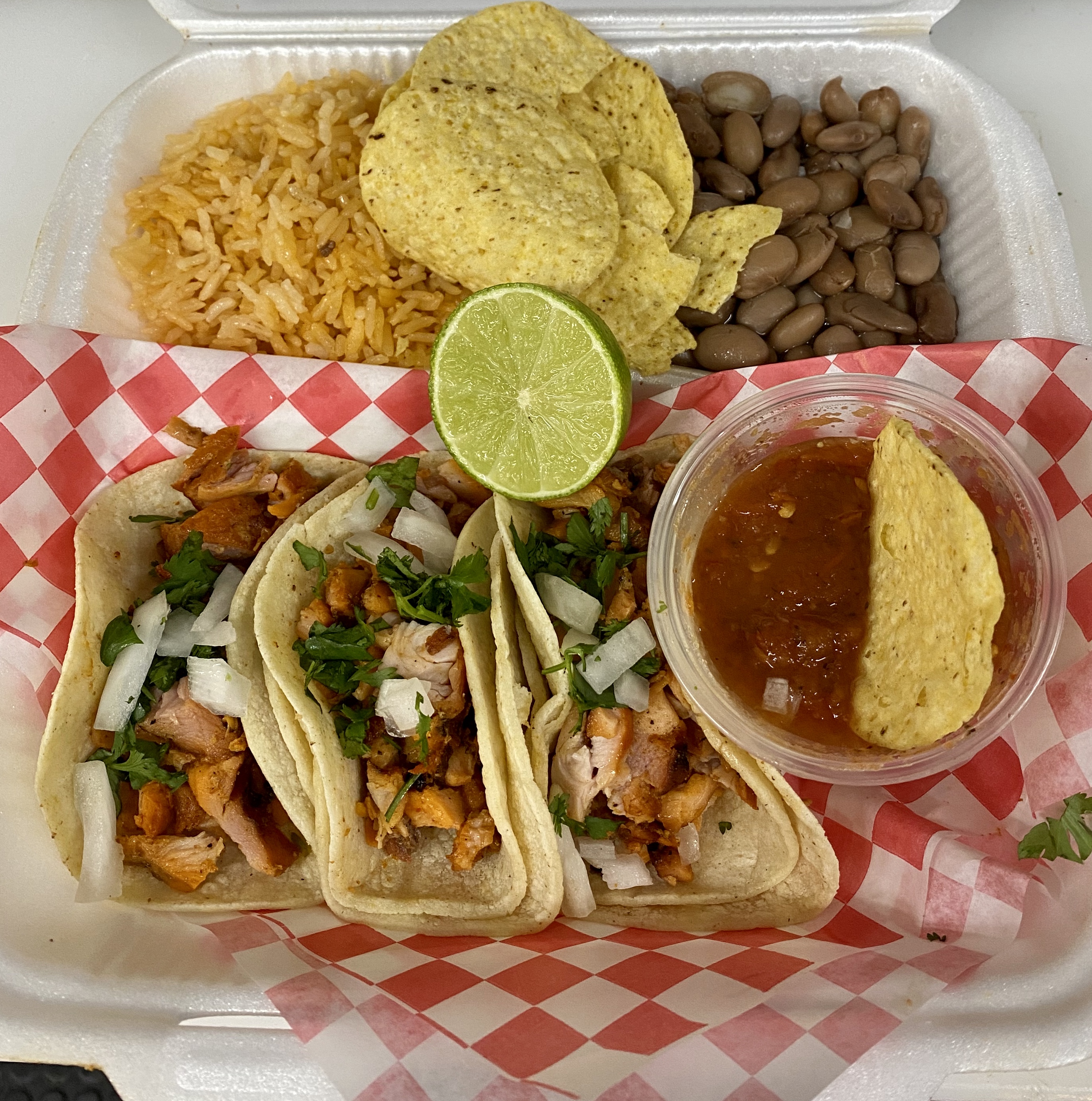 Order 3 Chicken Taco Plate food online from La Flor Bbq store, Bakersfield on bringmethat.com