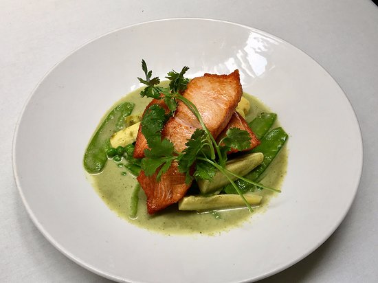 Order Grilled Salmon Avocado Green Curry (GF) food online from Luck thai store, Brooklyn on bringmethat.com