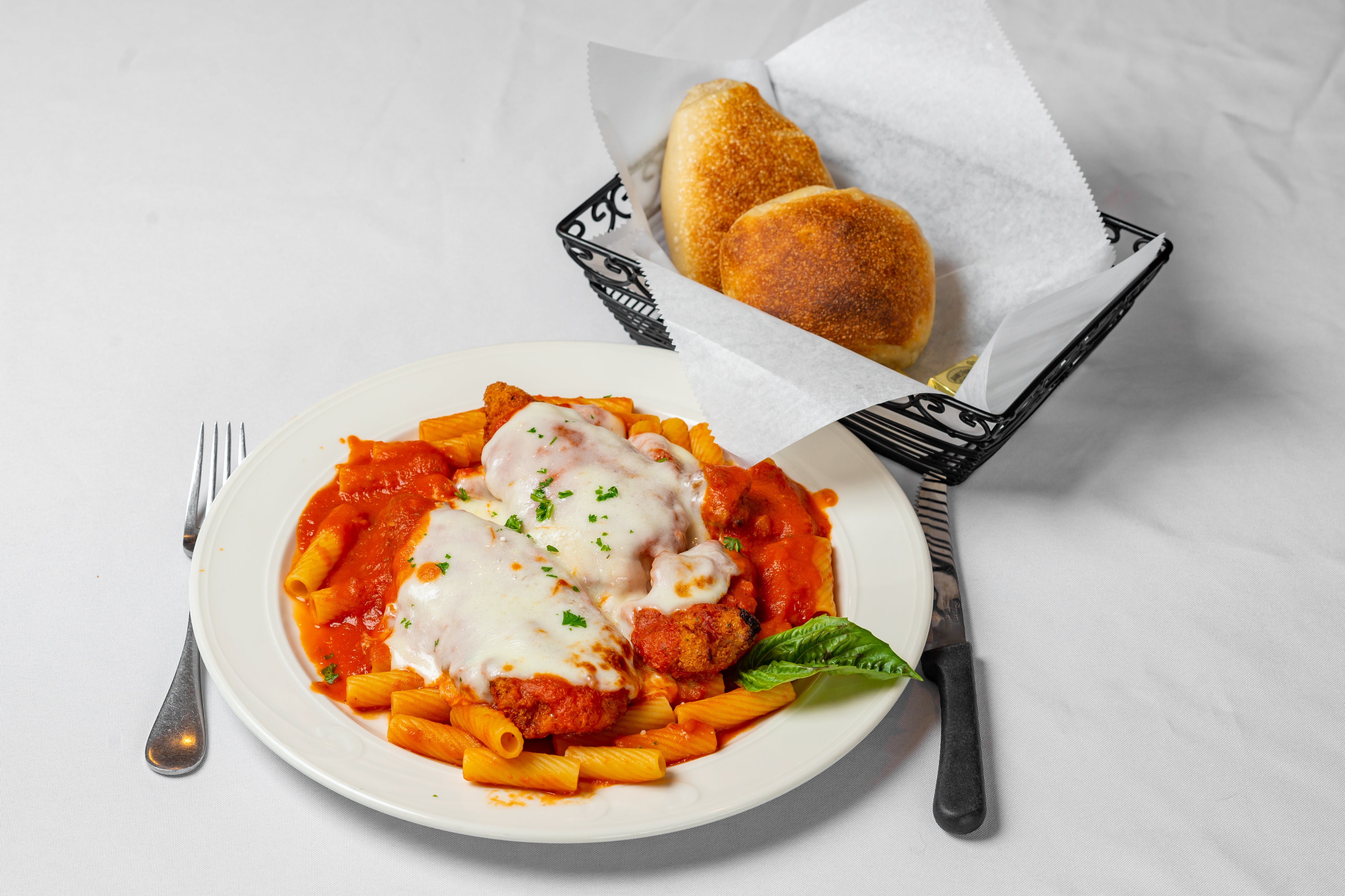 Order Chicken Parmigiana - Entree food online from Pasquale Brick Oven Pizza store, Milltown on bringmethat.com