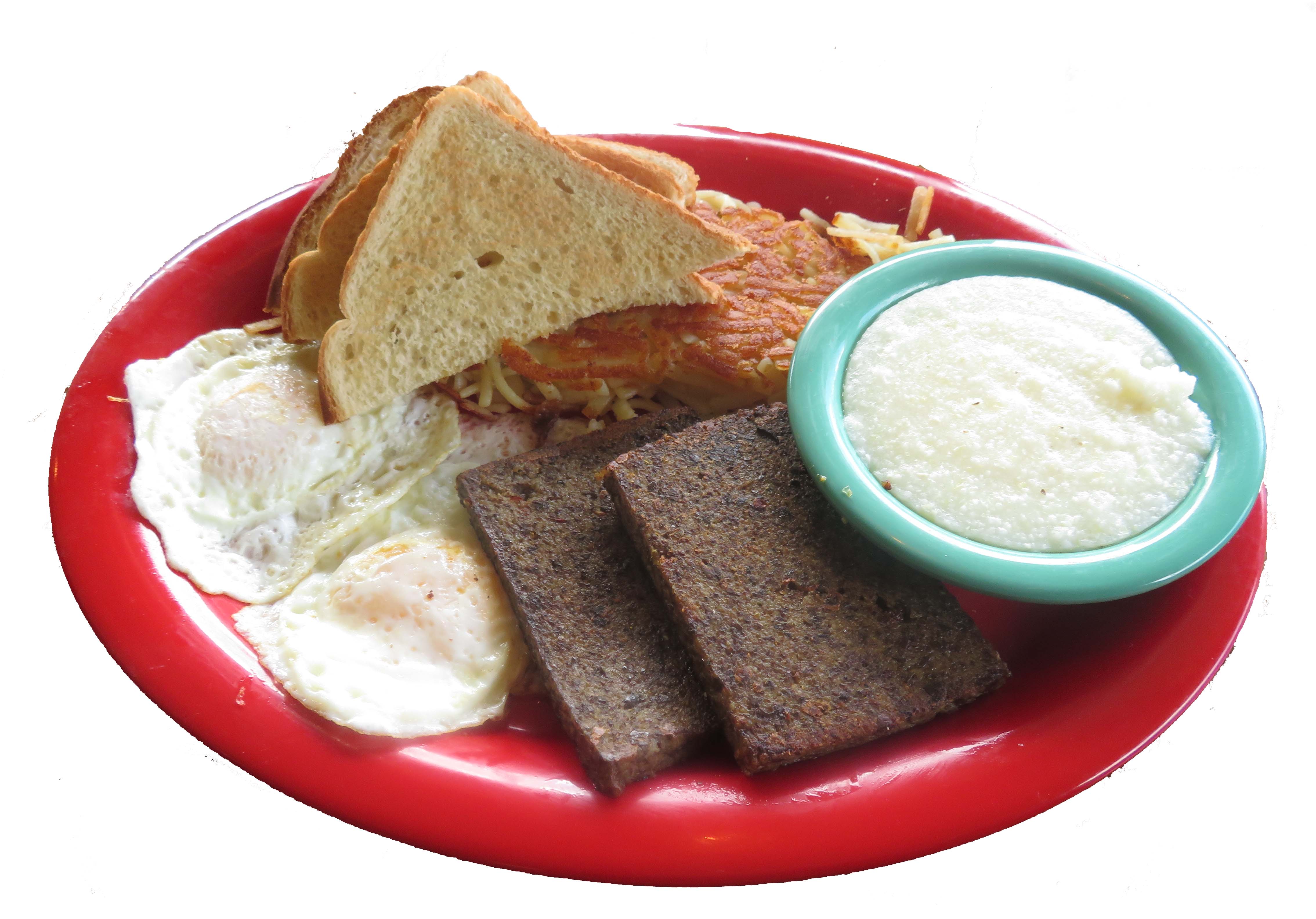 Order 2 Eggs Plate with Liver Pudding food online from Carolina's Diner store, Greensboro on bringmethat.com