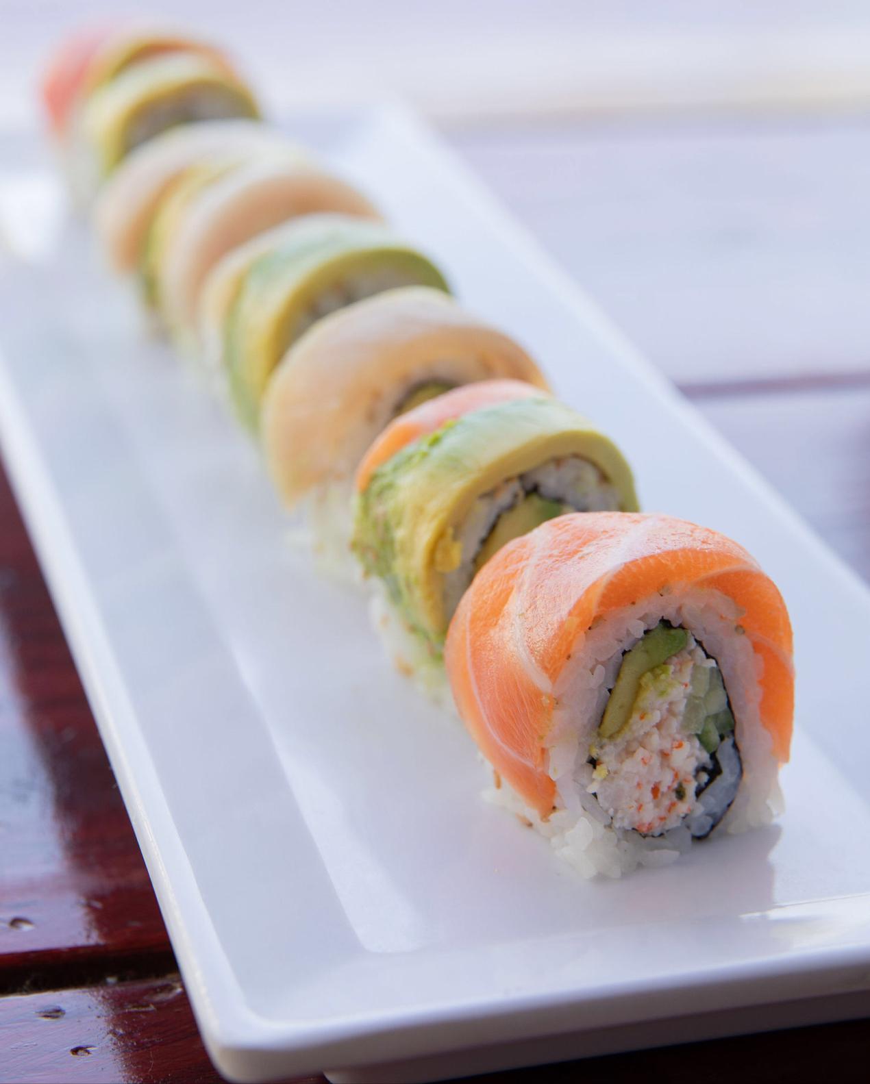 Order Rainbow Roll food online from Meshuga 4 Sushi - W. Pico Blvd. store, Los Angeles on bringmethat.com