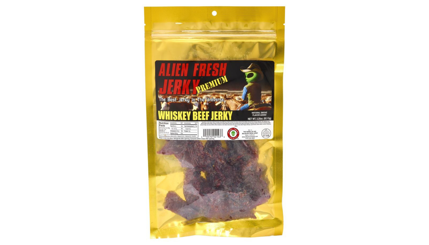 Order Alien Fresh Whiskey Beef Jerky 3.25oz food online from Country Cousins Liquor & Jr Market store, Sylmar on bringmethat.com