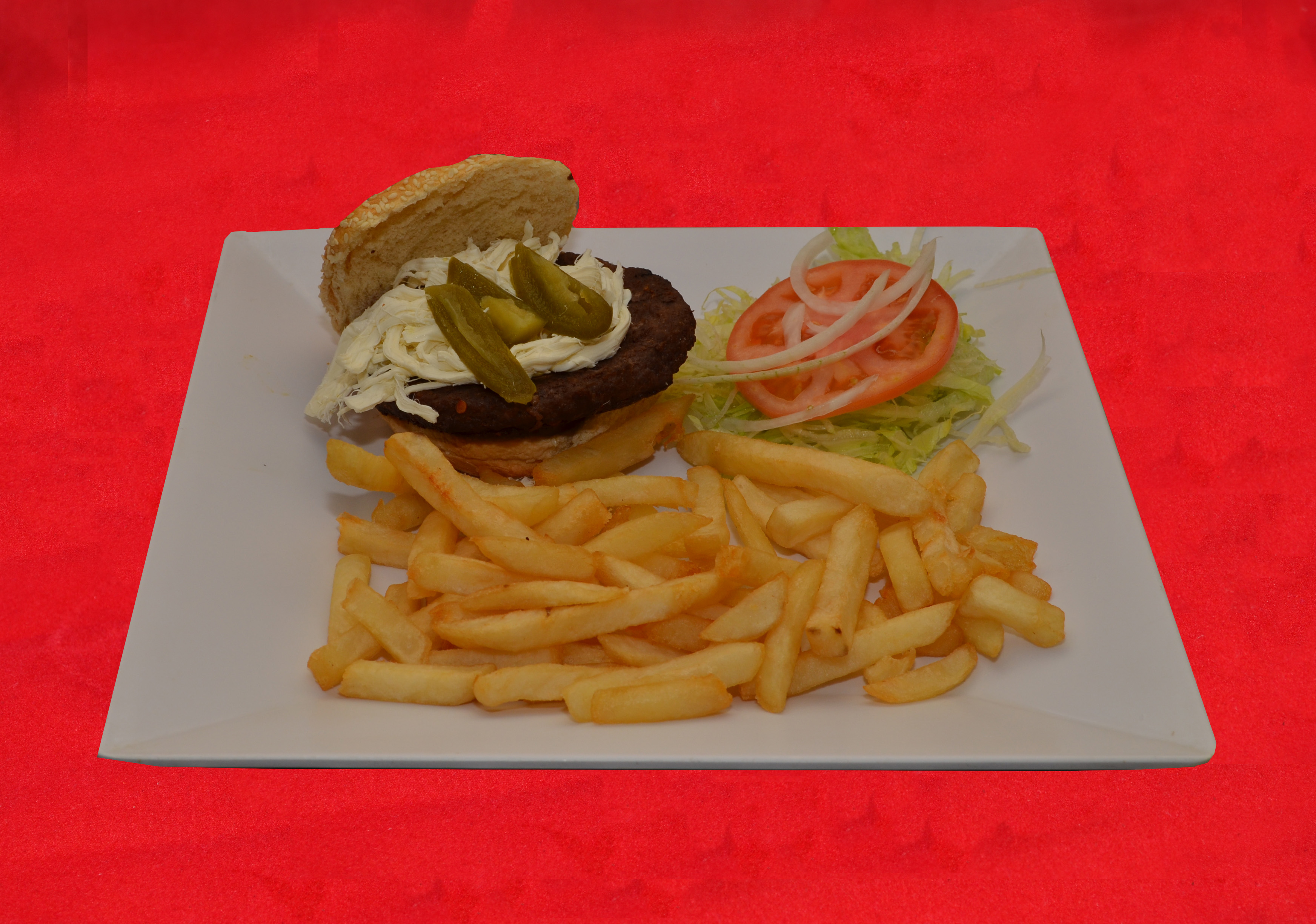 Order Mexican Burger with  French fries. food online from Pancho Villa Restaurant store, Bronx on bringmethat.com