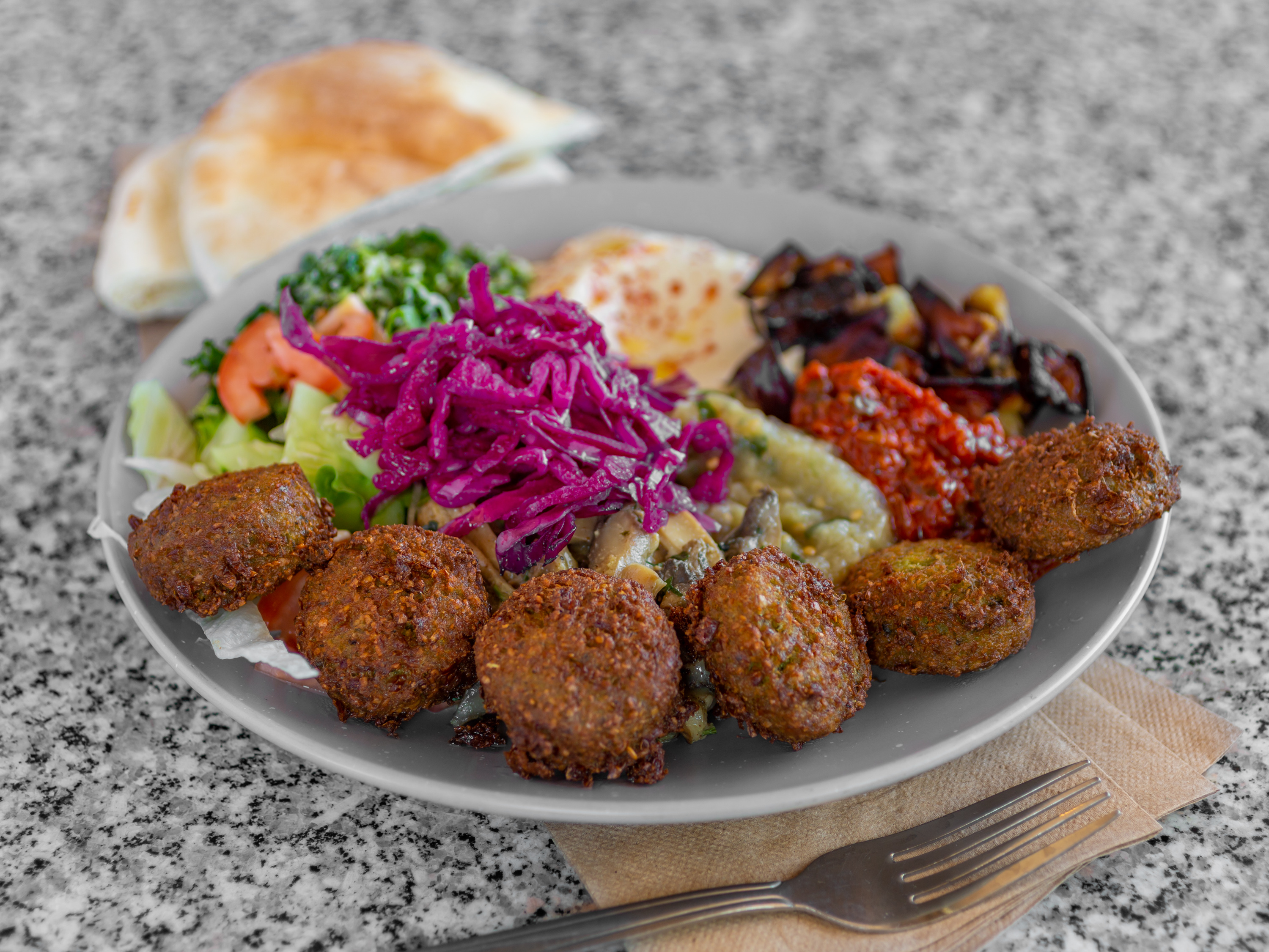 Order Large Mezze Vegetarian Feast ( for 2 people ) food online from Falafel Palace store, Los Angeles on bringmethat.com