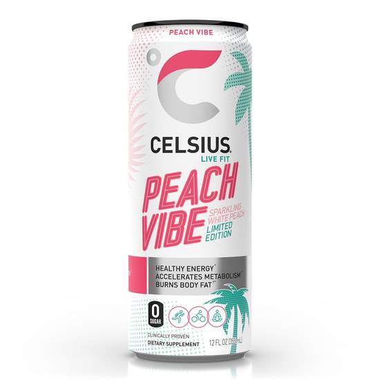 Order CELSIUS Sparkling Peach Vibe Fitness Drink, Zero Sugar, 12 OZ food online from CVS store, BEACH PARK on bringmethat.com