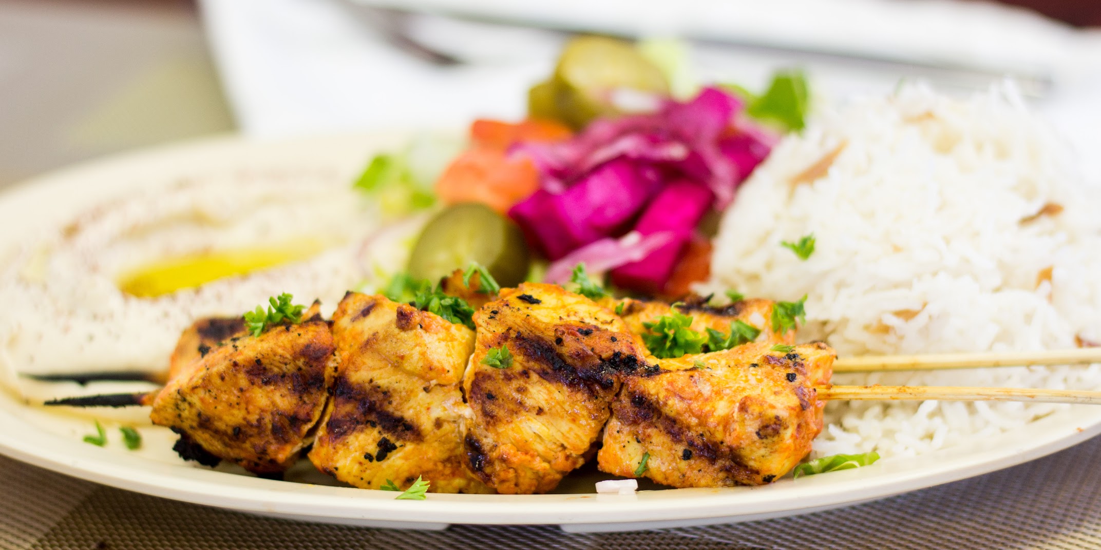 Order 40. Chicken Shish Kabob Plate food online from House of Falafel store, Cupertino on bringmethat.com