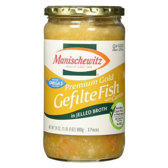 Order Manischewitz Premium Gold Gefilte Fish 24oz food online from Everyday Needs by Gopuff store, Stamford on bringmethat.com