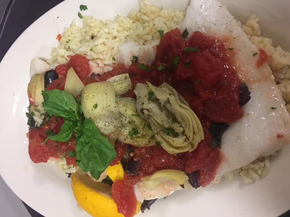 Order Mediterranean Baked Cod - Seafood Dinners food online from Fat Cat Grill & Bar store, Norwich on bringmethat.com