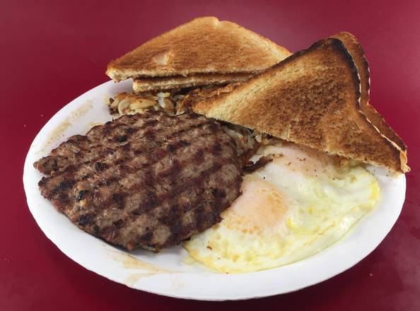 Order 5. 2 Eggs, Hash Brown, Toast and Burger Patty  food online from Michael's Burgers store, Canoga Park on bringmethat.com