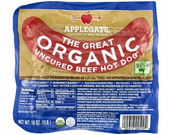 Order Applegate Organic Uncured 100% Grass-Fed Beef Hot Dogs food online from Bel Clift Market store, SF on bringmethat.com
