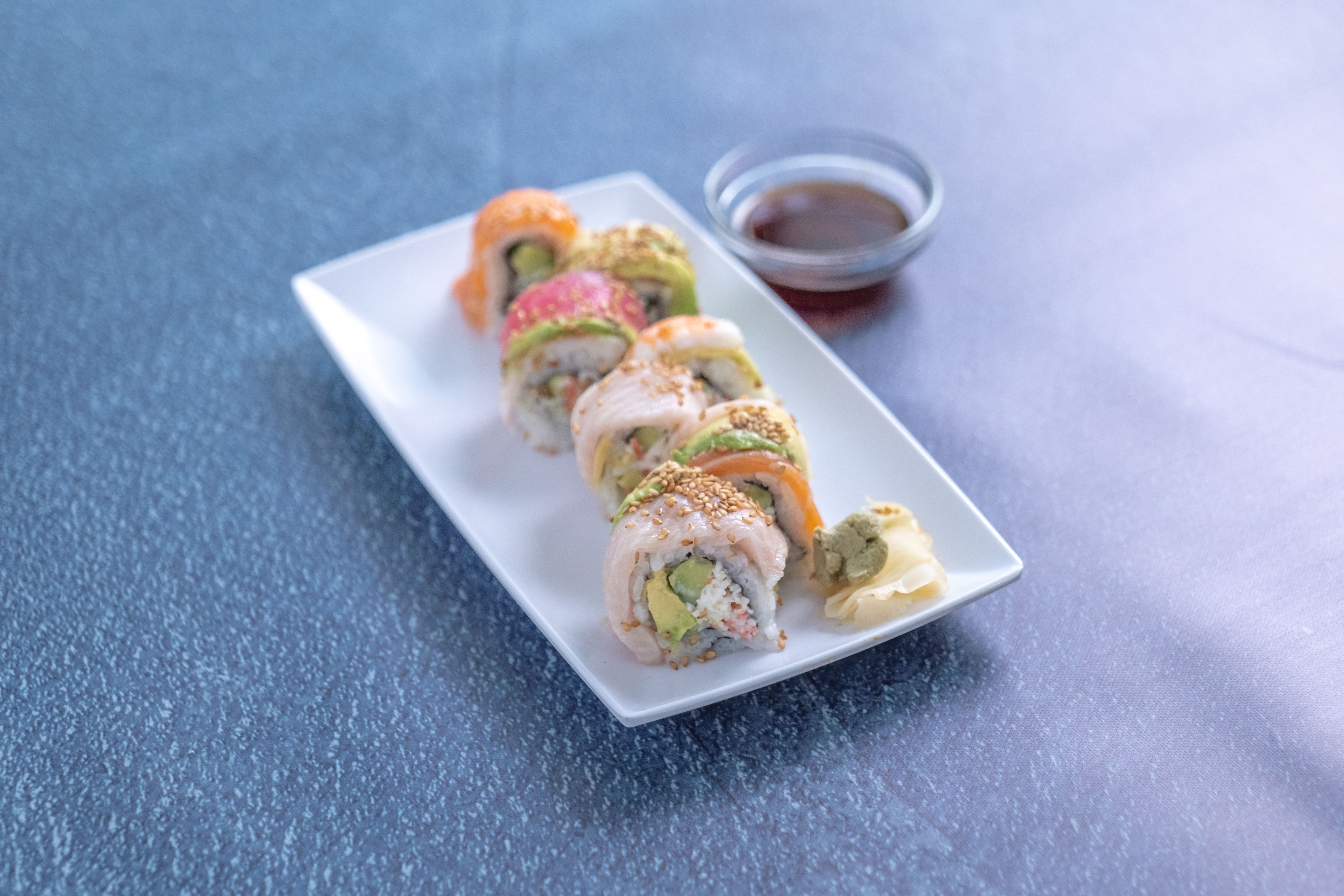 Order Rainbow Roll food online from Michi Japanese Kitchen store, Los Angeles on bringmethat.com
