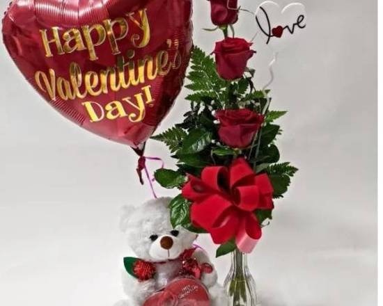 Order 3 Roses and Teddy Bear with mothers day balloon, chocolate and free card food online from Eugenia Flowers store, Cicero on bringmethat.com