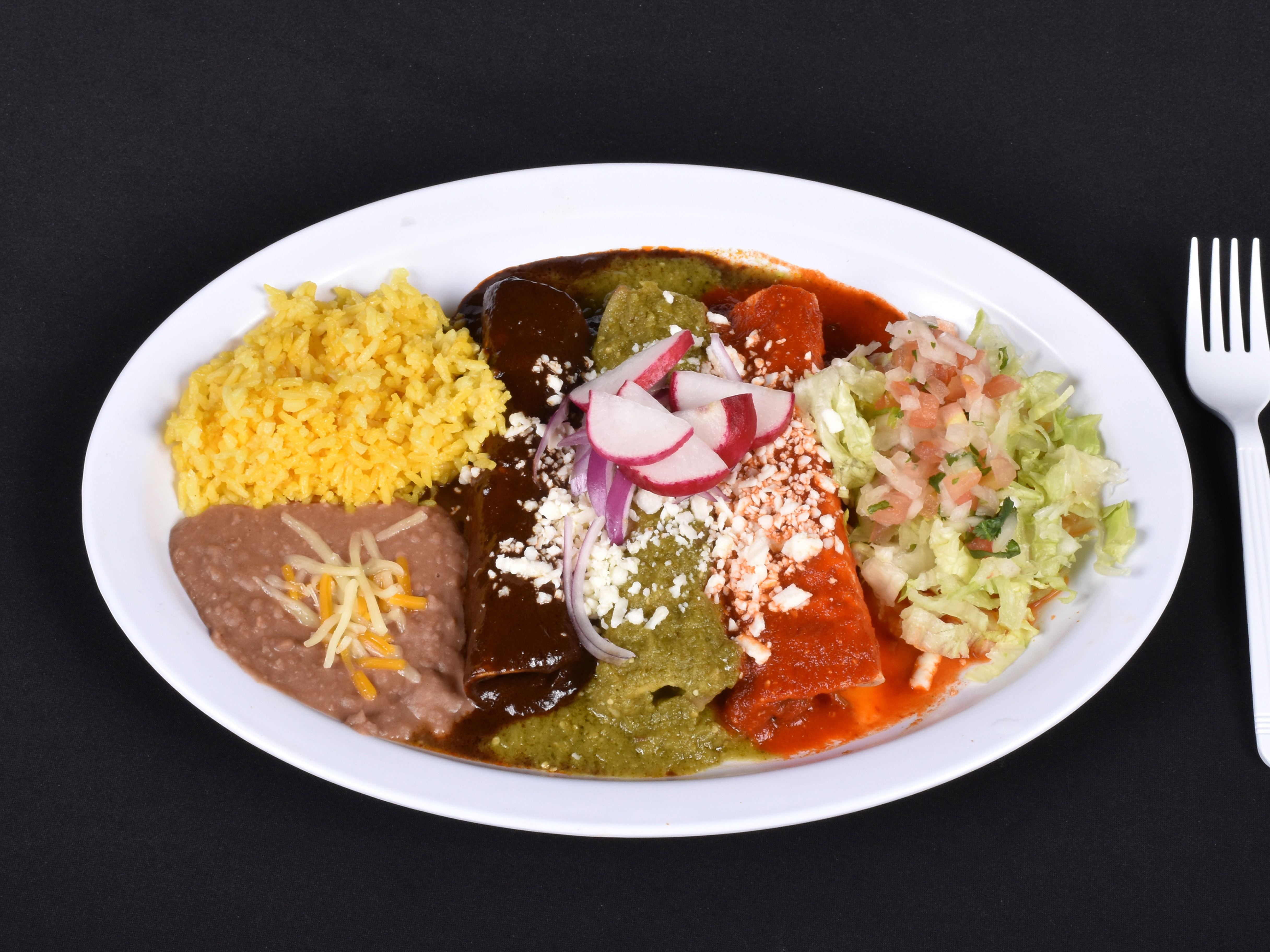 Order THE 3 AMIGOS ENCHILADAS food online from Tabasco Mexican Grill store, Ossining on bringmethat.com