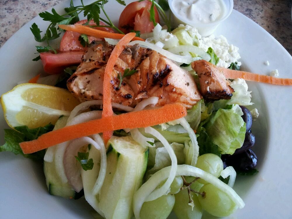 Order Grilled Salmon Salad food online from Georgia Greek Cuisine store, San Diego on bringmethat.com