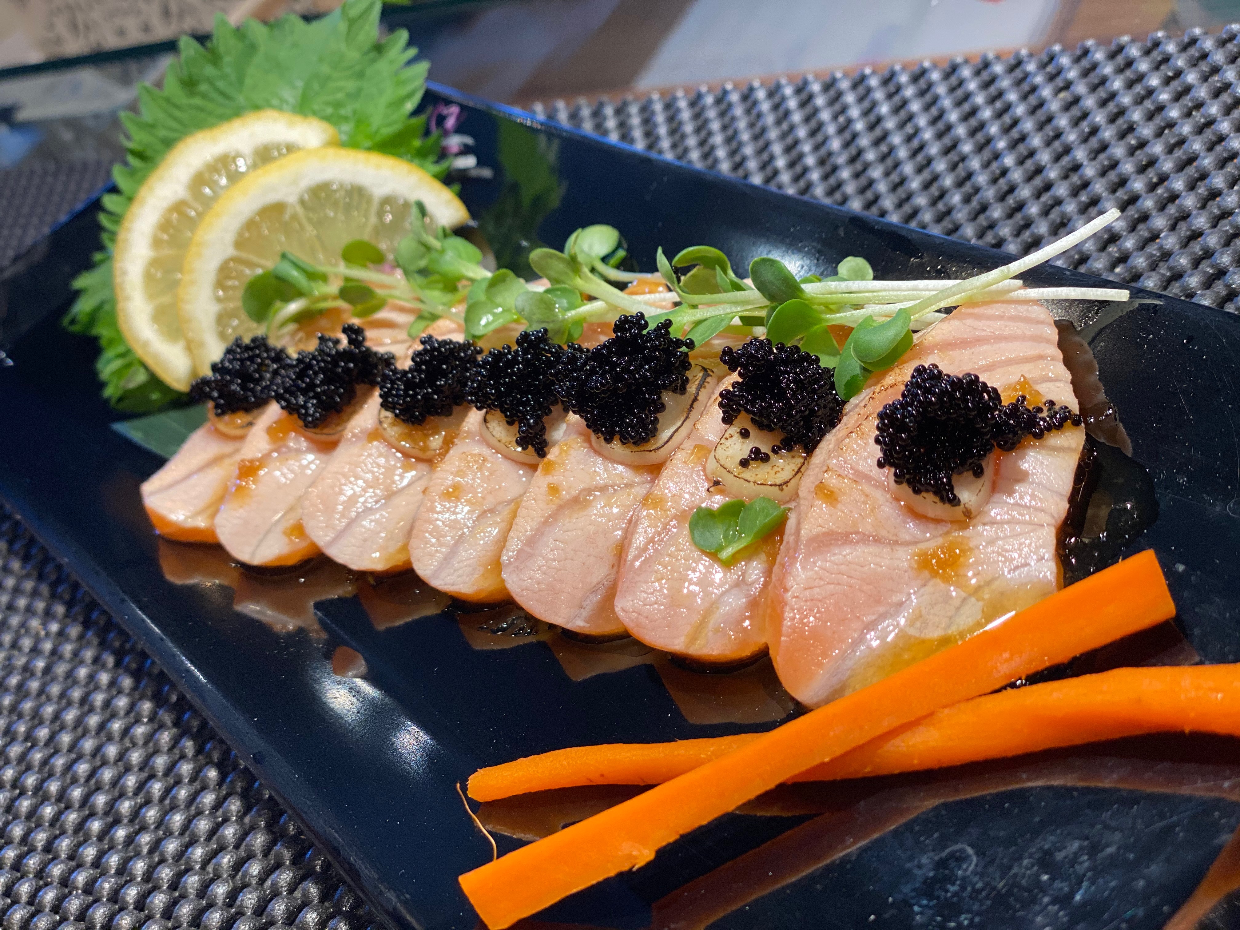 Order Seared salmon carpaccio sashimi food online from Kazuki Sushi store, Los Angeles on bringmethat.com
