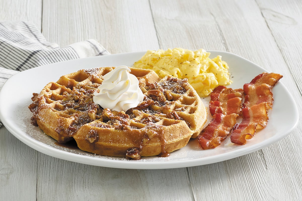 Order STICKY BUN WAFFLE PLATTER* food online from Perkins Restaurant & Bakery store, Colonia on bringmethat.com