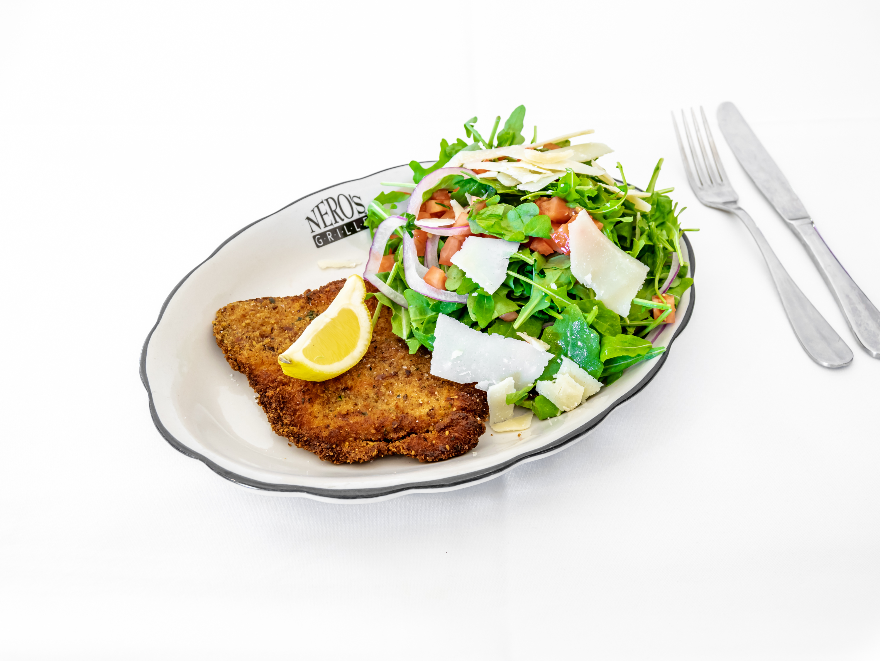 Order Chicken Milanese with Baby Arugula Salad Dinner food online from Nero's Grille store, Livingston on bringmethat.com