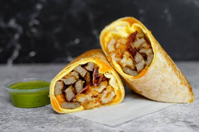 Order Bacon, Sausage, Egg, & Cheddar Breakfast Burrito food online from Breakfast in Bed store, Troy on bringmethat.com