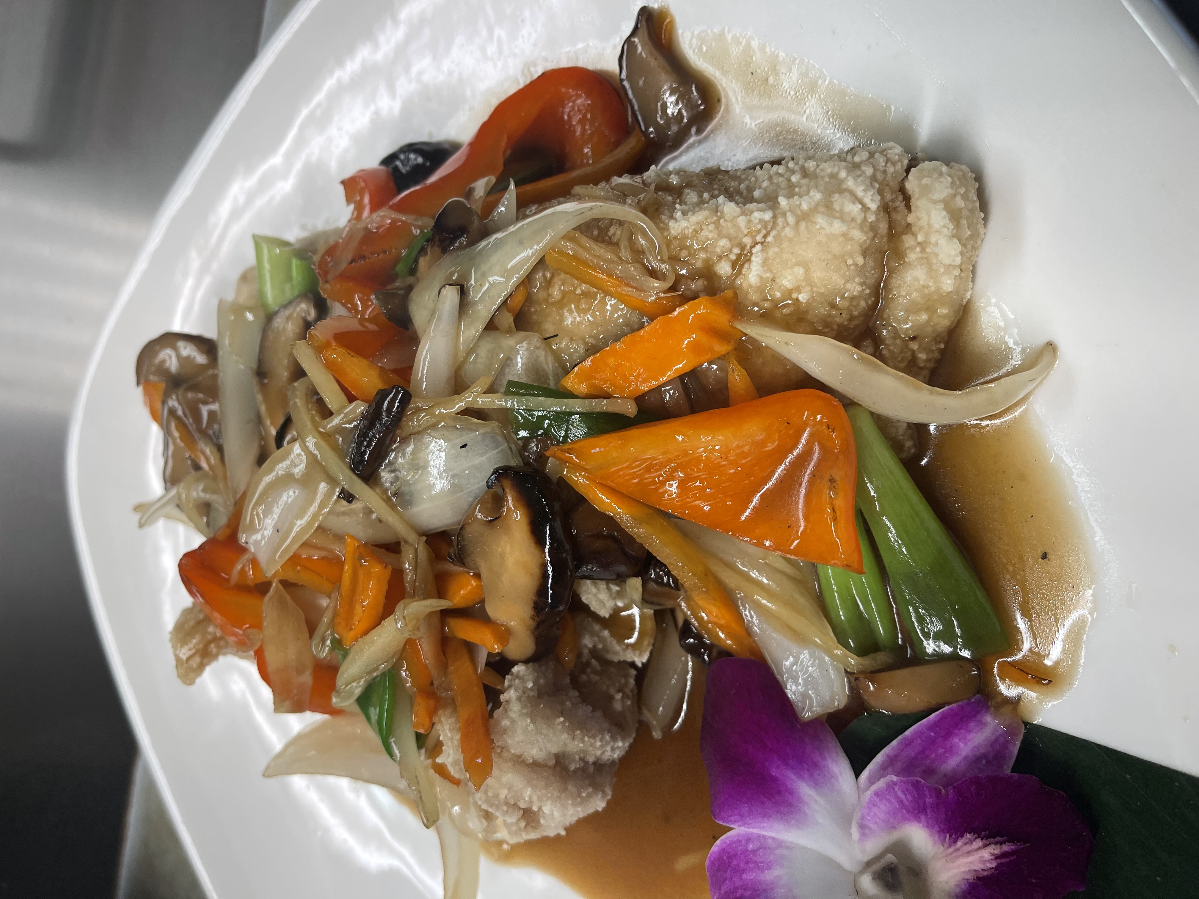 Order Ginger Fish food online from Orchid Thai Restaurant & Bar store, Falmouth on bringmethat.com