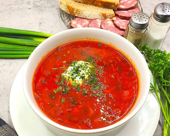Order Borscht Soup Small 16 oz food online from Anoush Deli store, Vancouver on bringmethat.com