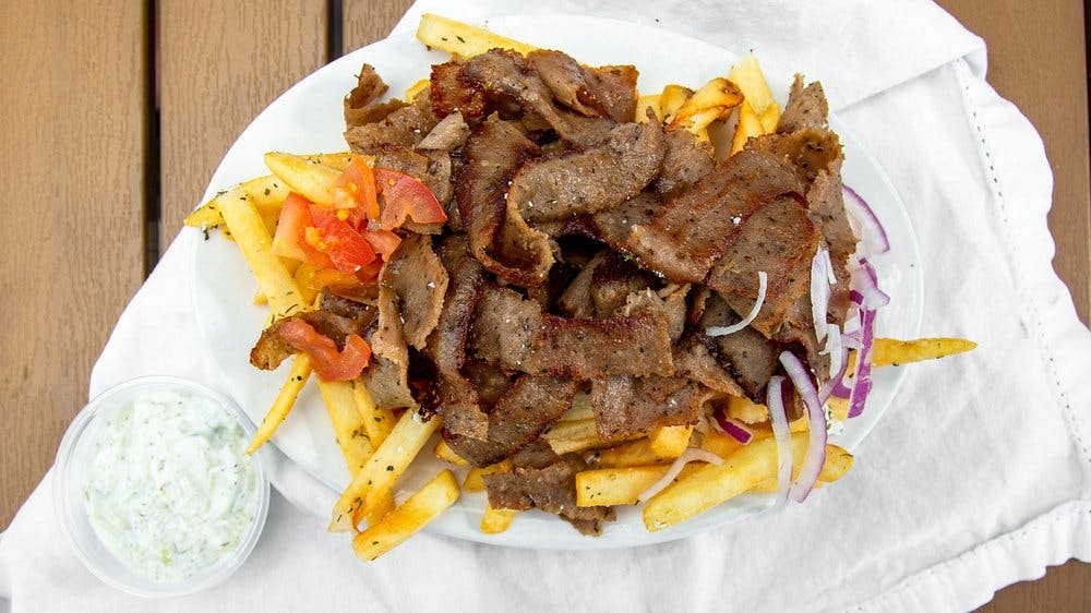 Order Loaded Gyro Fries - Plate food online from Gyro 101 store, Phoenix on bringmethat.com