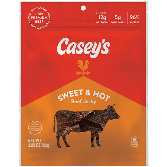 Order Casey's Sweet & Hot Beef Jerky 3.25oz food online from Caseys Carry Out Pizza store, NEWBURGH on bringmethat.com
