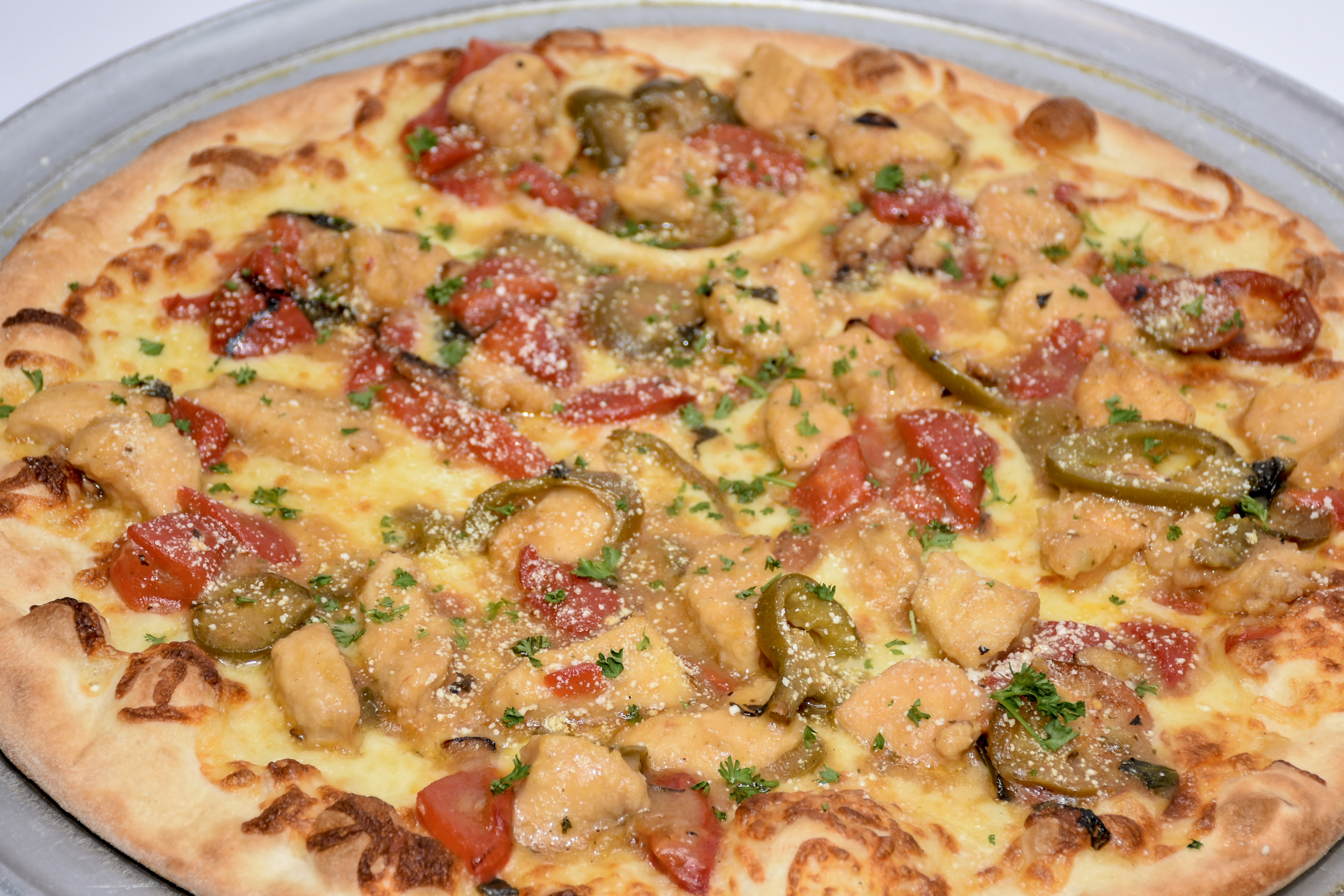 Order Chicken Scarpariello Pizza food online from Arcuris Pizza & Salad store, Cos Cob on bringmethat.com
