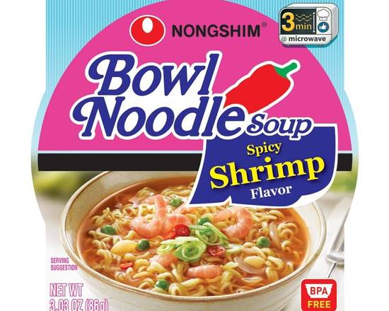 Order NongShim Bowl Noodle Soup Spicy Shrimp (3.03 oz) food online from Shell store, Gaithersburg on bringmethat.com