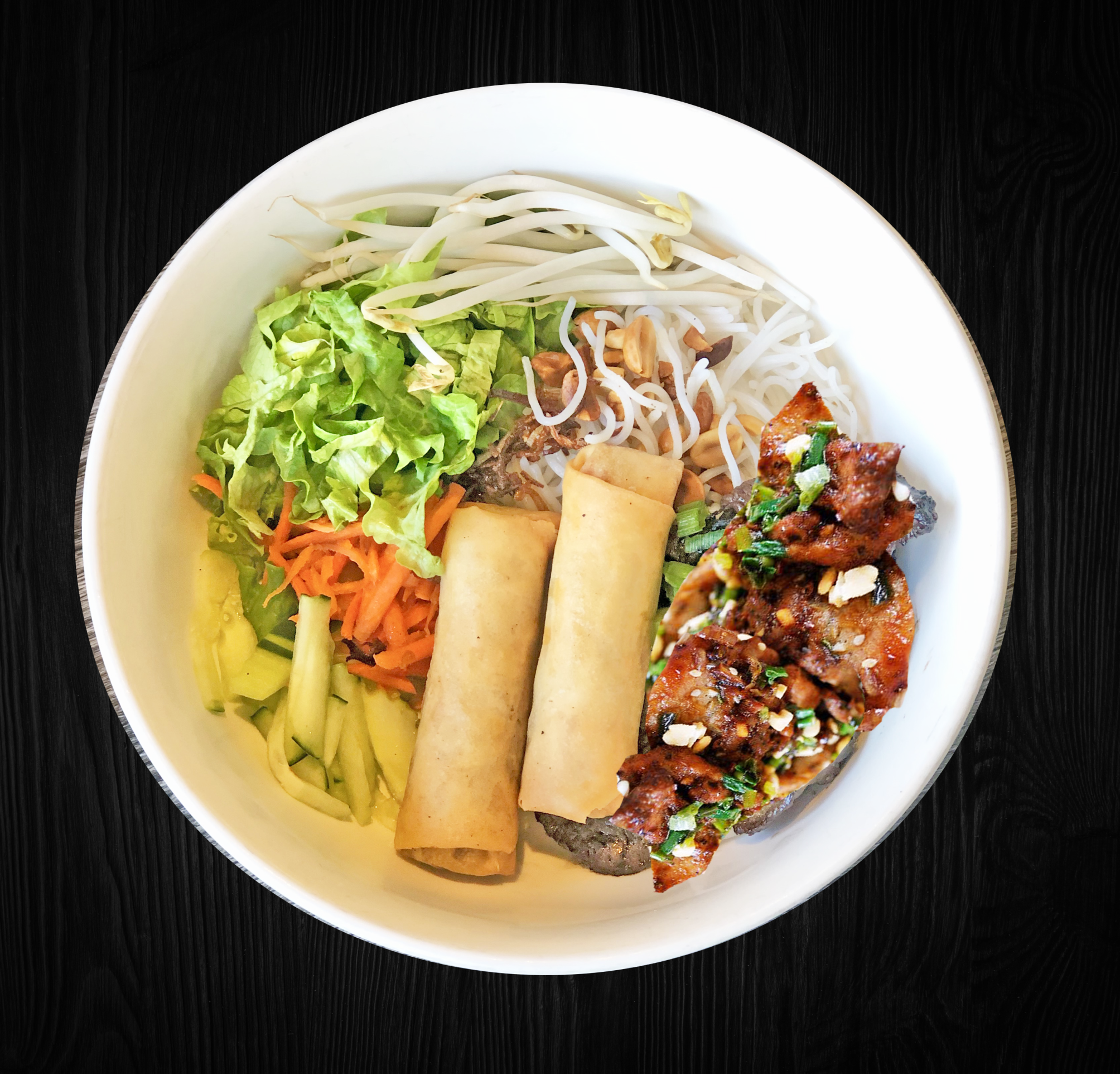 Order Grilled Pork and Egg Rolls Vermicelli Dish - Bún Thịt Nướng Chả Giò food online from Pho House 99 store, Garden Grove on bringmethat.com