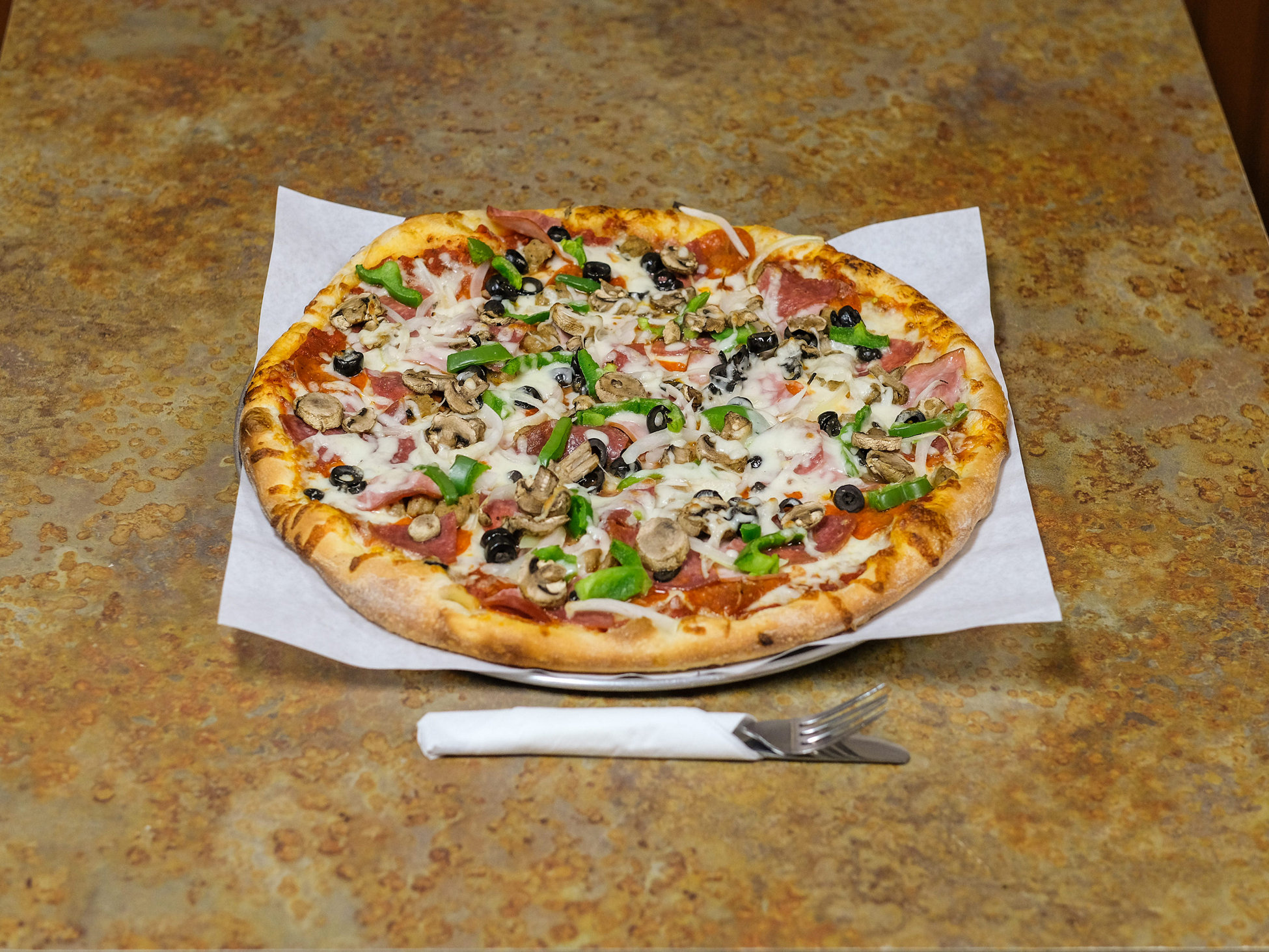 Order Papa's Supreme Combo Pizza food online from Papas Pizza store, San Diego on bringmethat.com