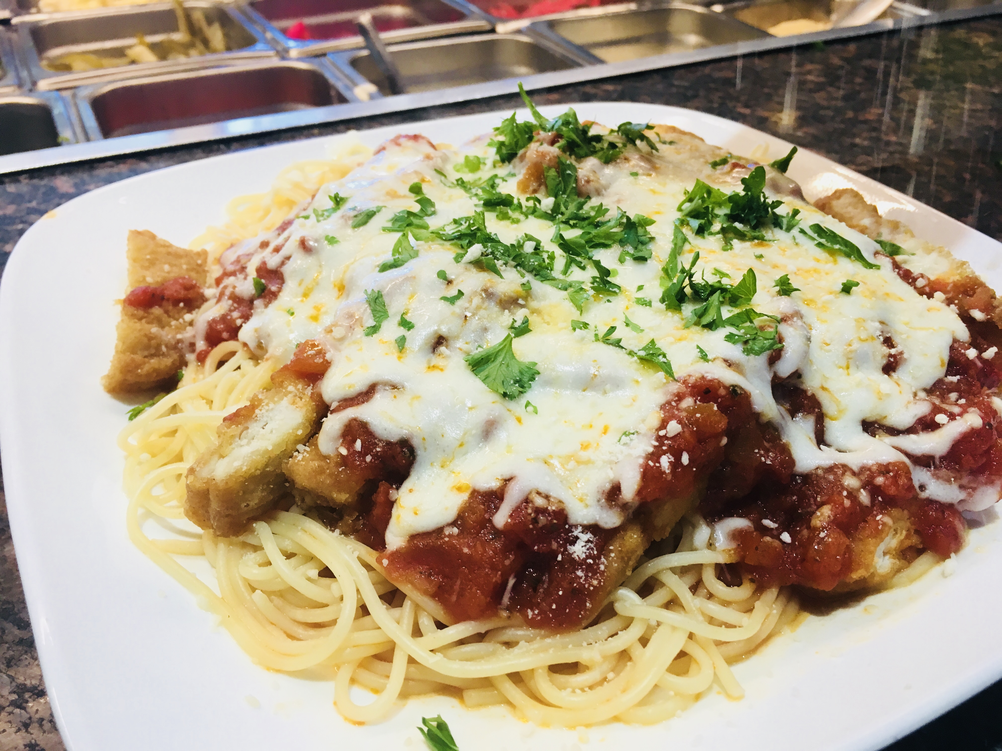 Order Pasta with Chicken Parmesan food online from Aladdin Crown Pizza store, New Haven on bringmethat.com