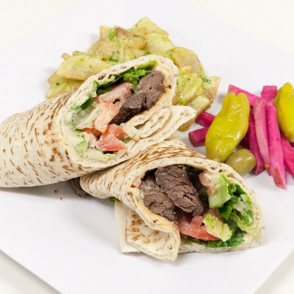 Order 14. Beef Kabob Wrap food online from The Green Olive store, Long Beach on bringmethat.com