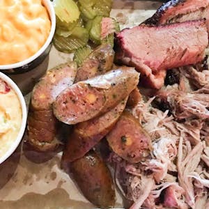 Order 3 Meat Plate food online from Big Smoke Barbecue store, Hays on bringmethat.com