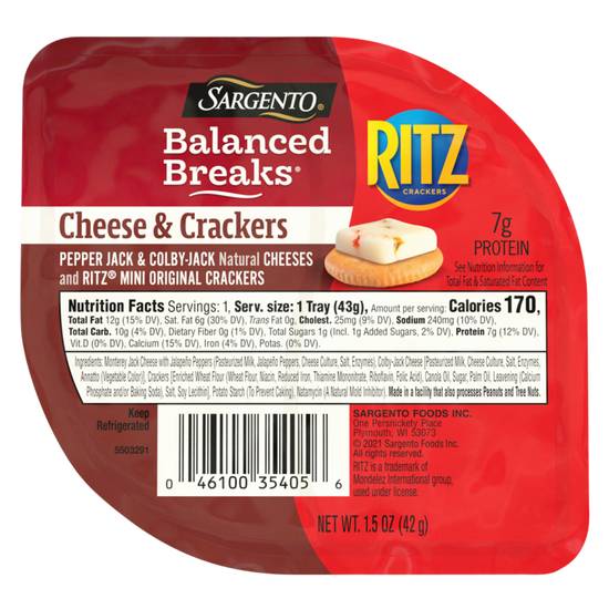 Order Sargento Balanced Breaks Pepper Jack & Colby Jack with Mini Ritz Crackers 1.5oz food online from Everyday Needs by Gopuff store, La Quinta on bringmethat.com