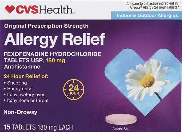 Order CVS Health Allergy Relief Non-Drowsy Fexofenadine Tablets, 15 CT food online from CVS store, PHILADELPHIA on bringmethat.com