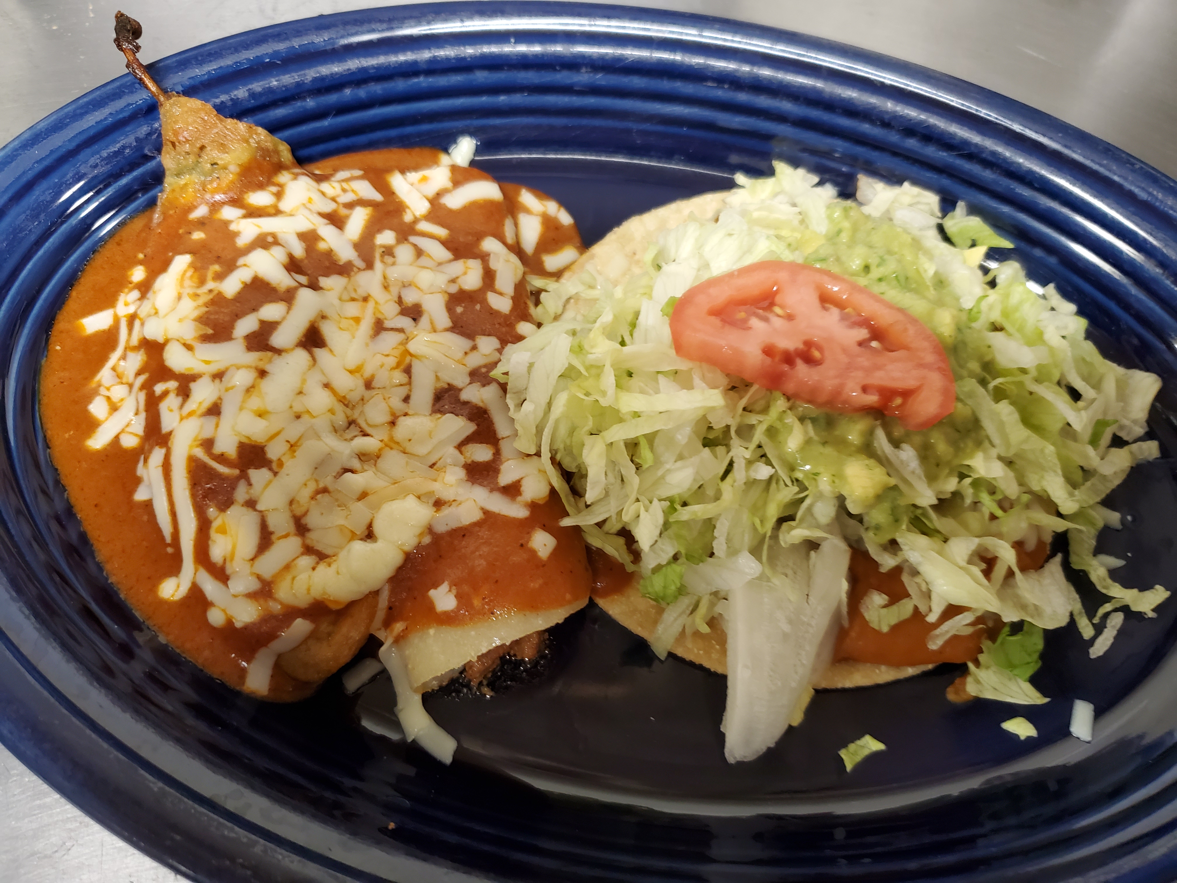 Order  18. Chalupa, Chile Relleno & Beef Enchilada food online from Los Gallos Mexican Grill store, Rochester on bringmethat.com
