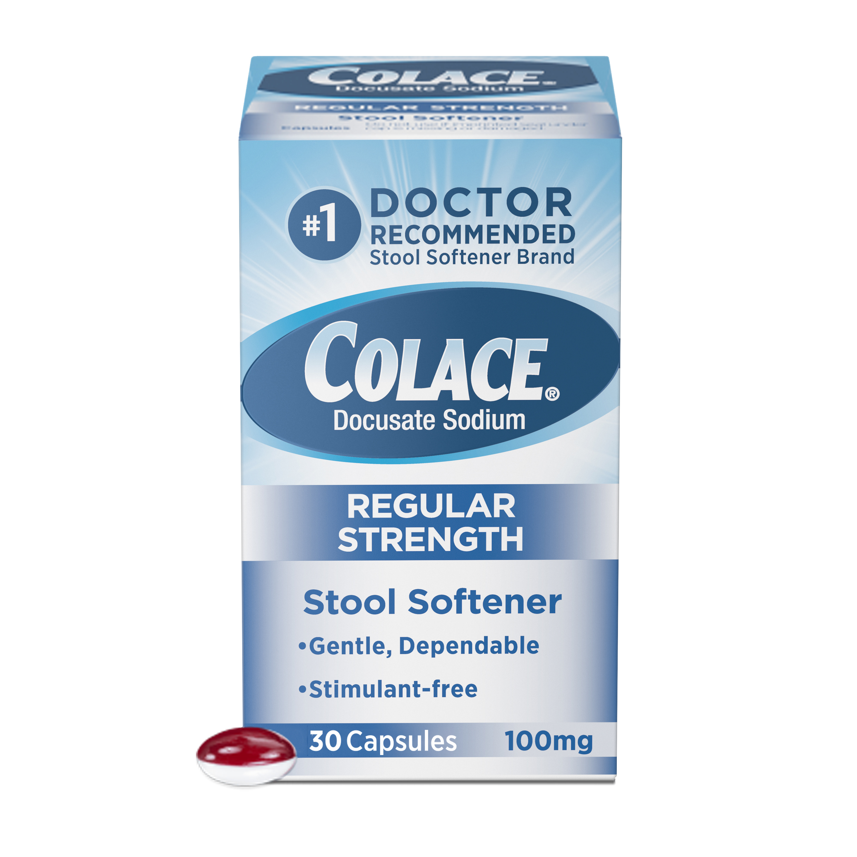 Order Colace Regular Strength Stimulant-Free Stool Softener Capsules - 100mg, 30 ct food online from Rite Aid store, SUFFOLK on bringmethat.com