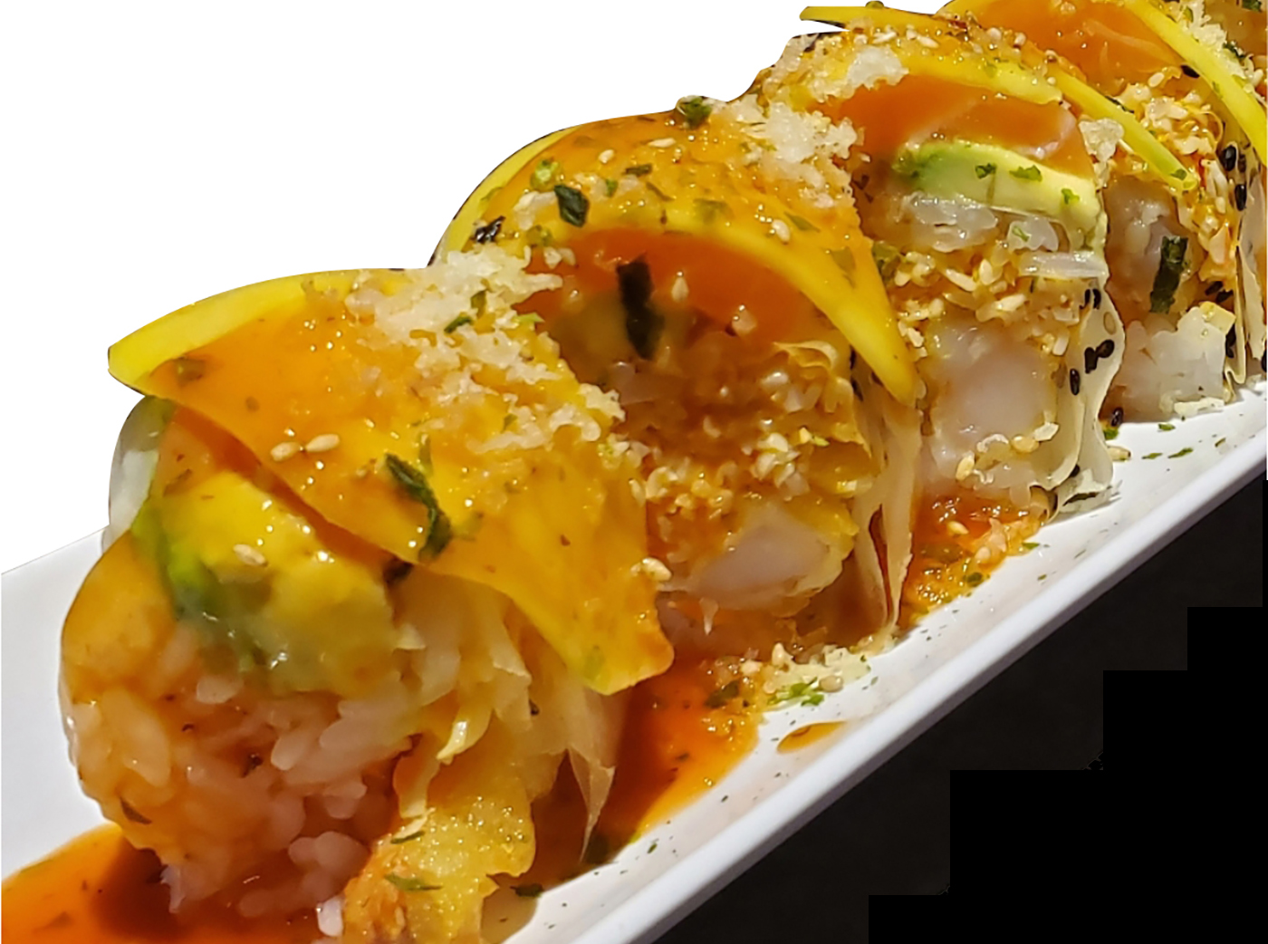 Order Mango Salmon Roll food online from Nonstop Sushi & Sake Bar store, Santa Monica on bringmethat.com