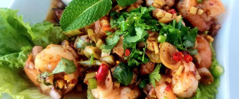 Order Shrimp and Herb Salad food online from Issara Thai Cuisine store, Huntington Beach on bringmethat.com
