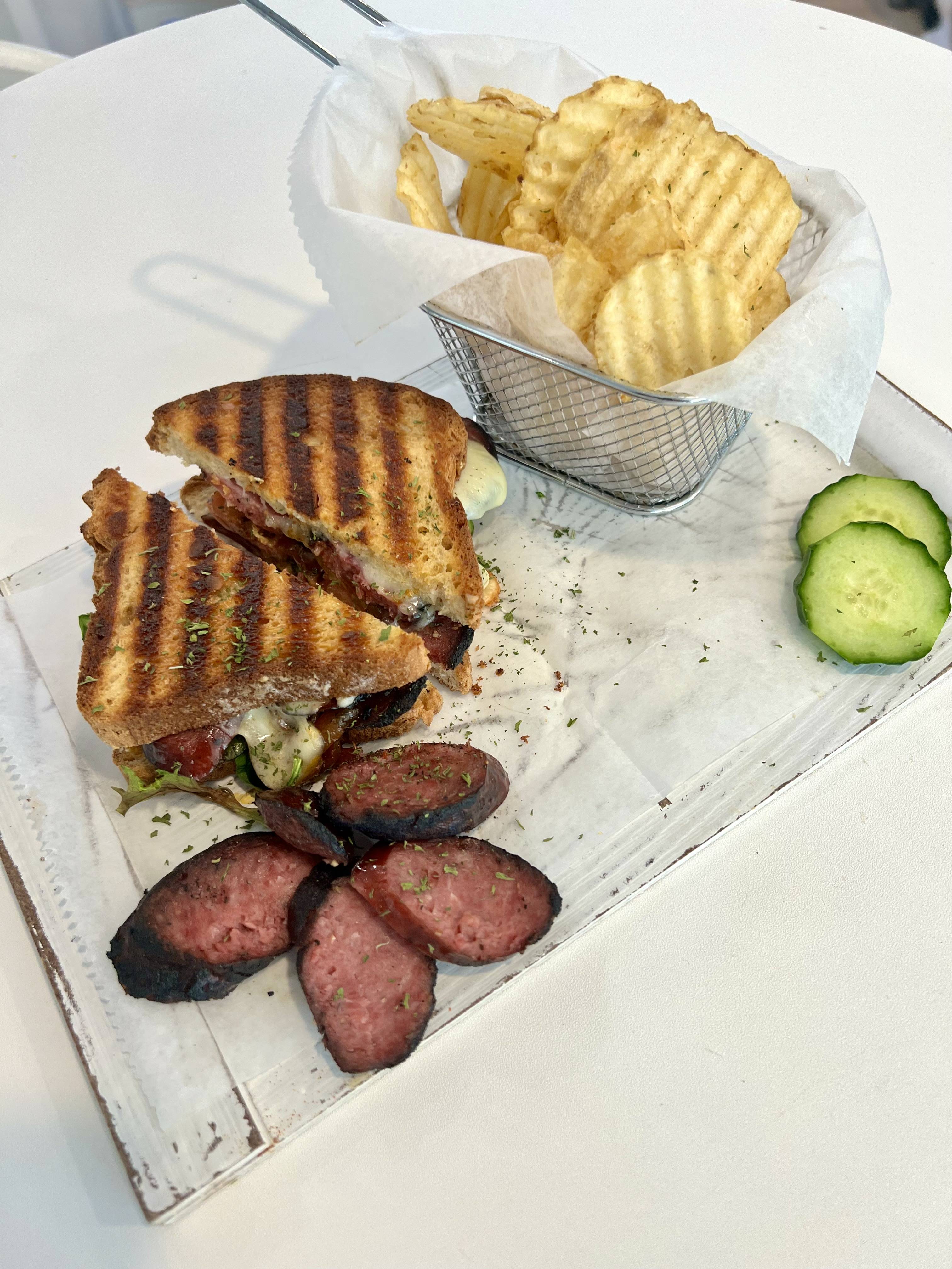 Order Flaming Beef Sausage Toastie  food online from Cafe I Am store, Sandy Springs on bringmethat.com