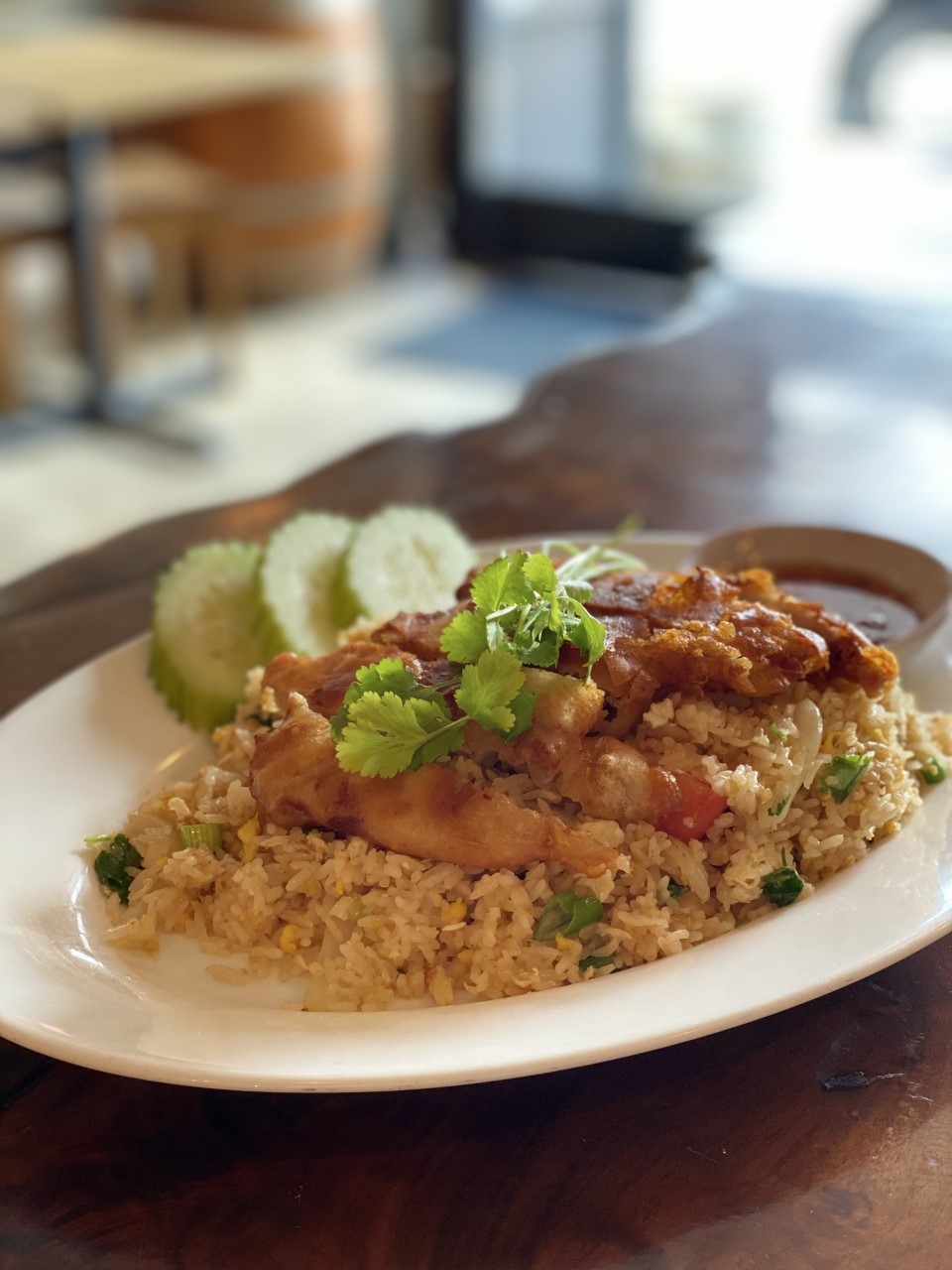 Order Crispy Chicken over Fried Rice Plate food online from Lers Ros Thai store, San Francisco on bringmethat.com