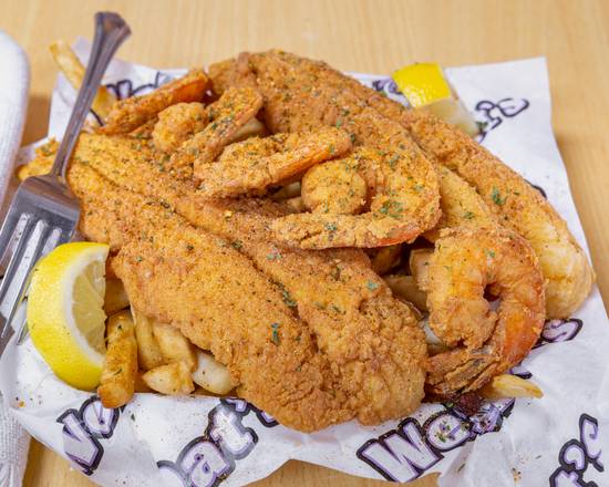 Order The Brow Special Catfish with Fries and Shrimp food online from We Dat'S Chicken And Shrimp store, Monroe on bringmethat.com