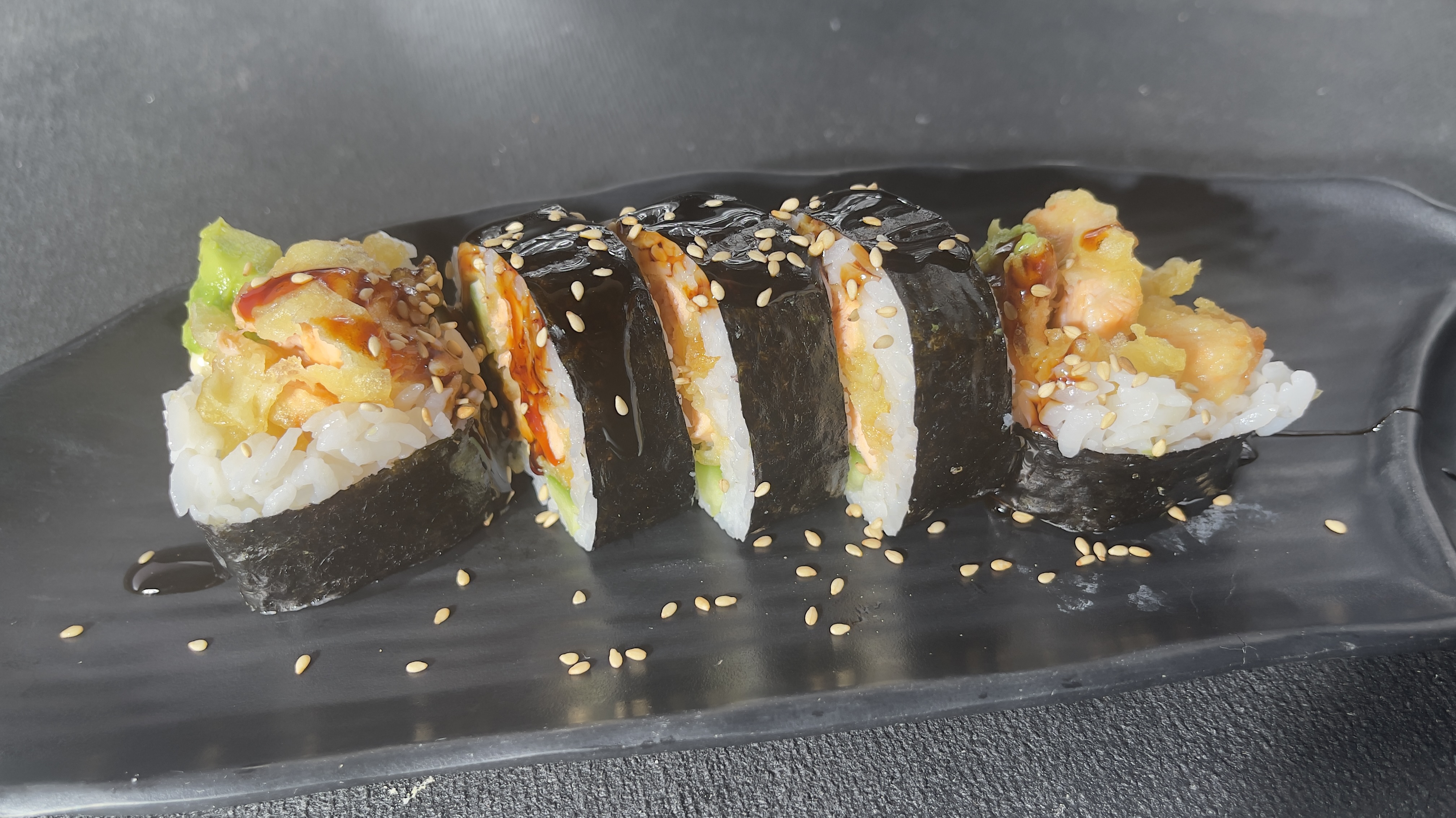 Order 57. Salmon Tempura Cut Roll food online from Miyoda Sushi store, Redondo Beach on bringmethat.com