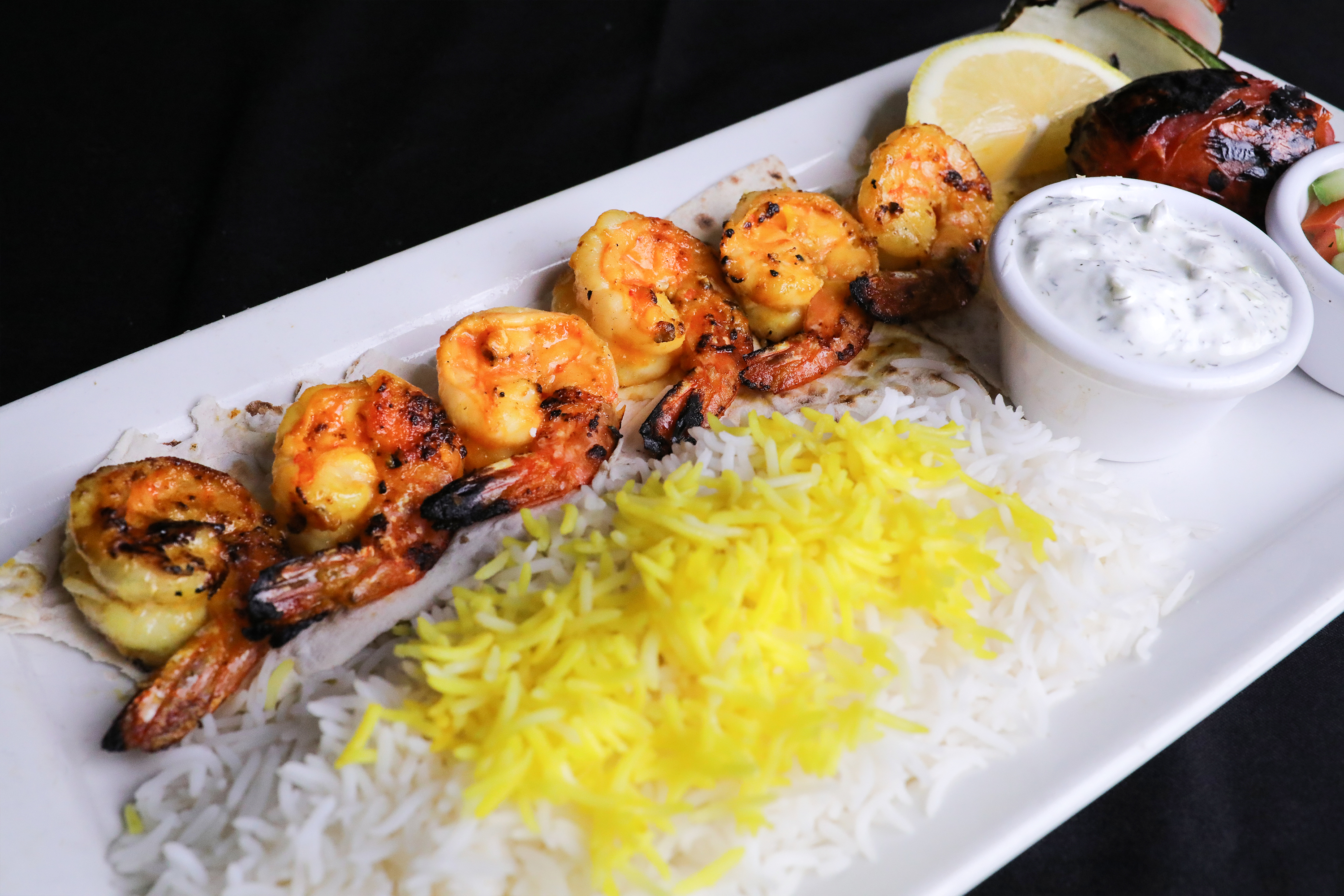 Order Tiger Shrimp Kabob Plate food online from Port Restaurant & Bar store, Corona Del Mar on bringmethat.com