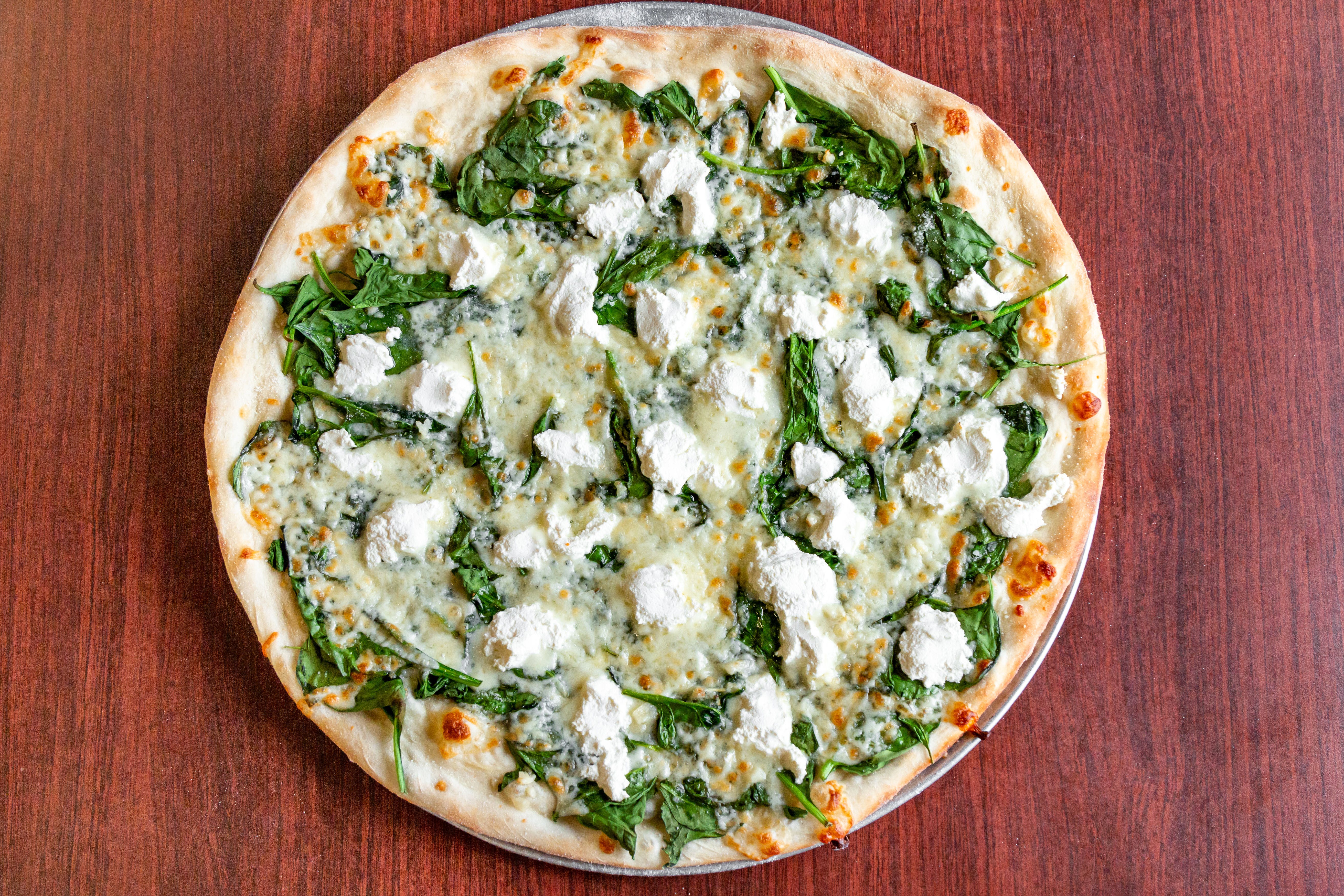 Order Spinach Ricotta (White) Pizza - Small 12" food online from Saybrook Pizza & Restaurant store, Old Saybrook on bringmethat.com
