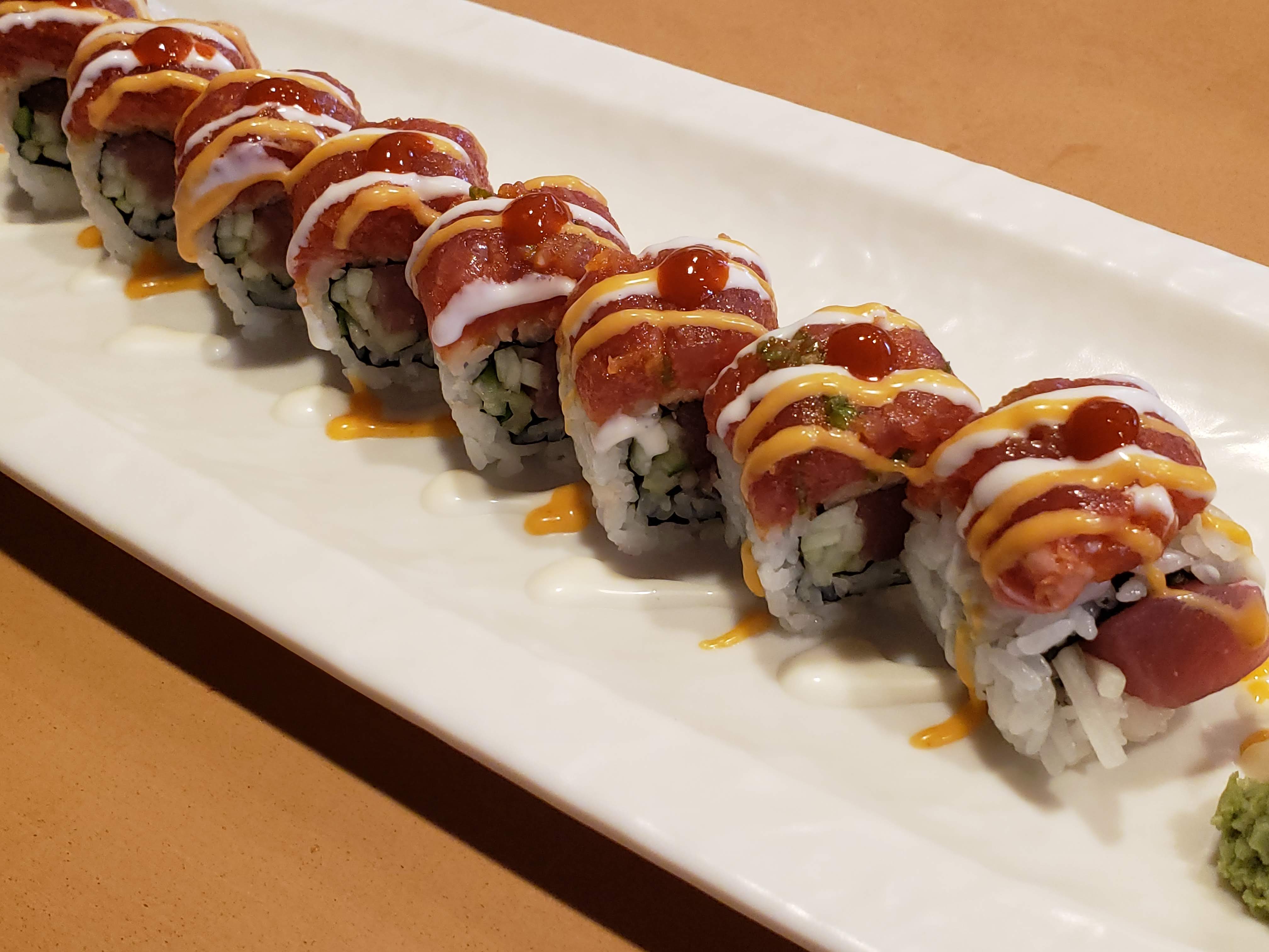 Order Kamikaze Special Roll  food online from Nikko Sushi store, Arlington Heights on bringmethat.com
