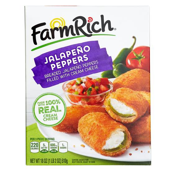 Order Farm Rich Frozen Breaded Jalapeno Peppers Stuffed with Real Cream Cheese 18oz food online from Everyday Needs by Gopuff store, San Luis Obispo on bringmethat.com
